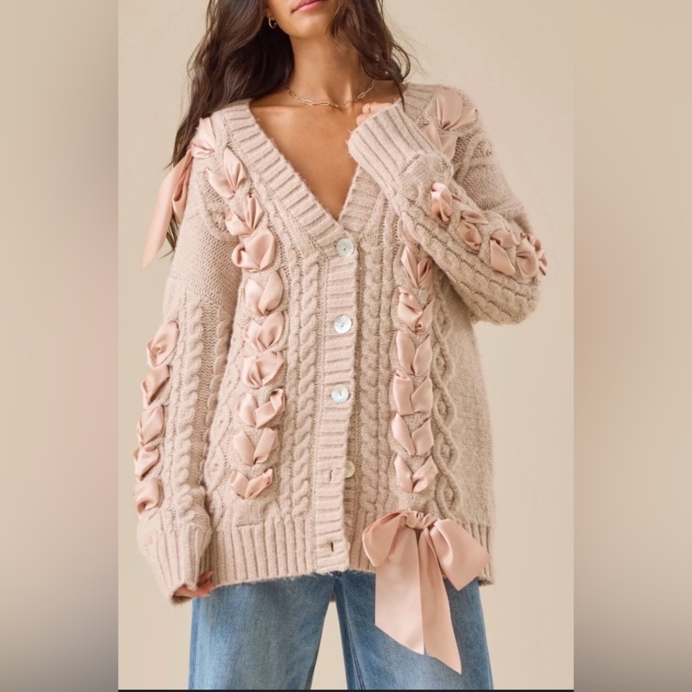 NWT - Oversized Cardigan with Pale Pink Satin Bows